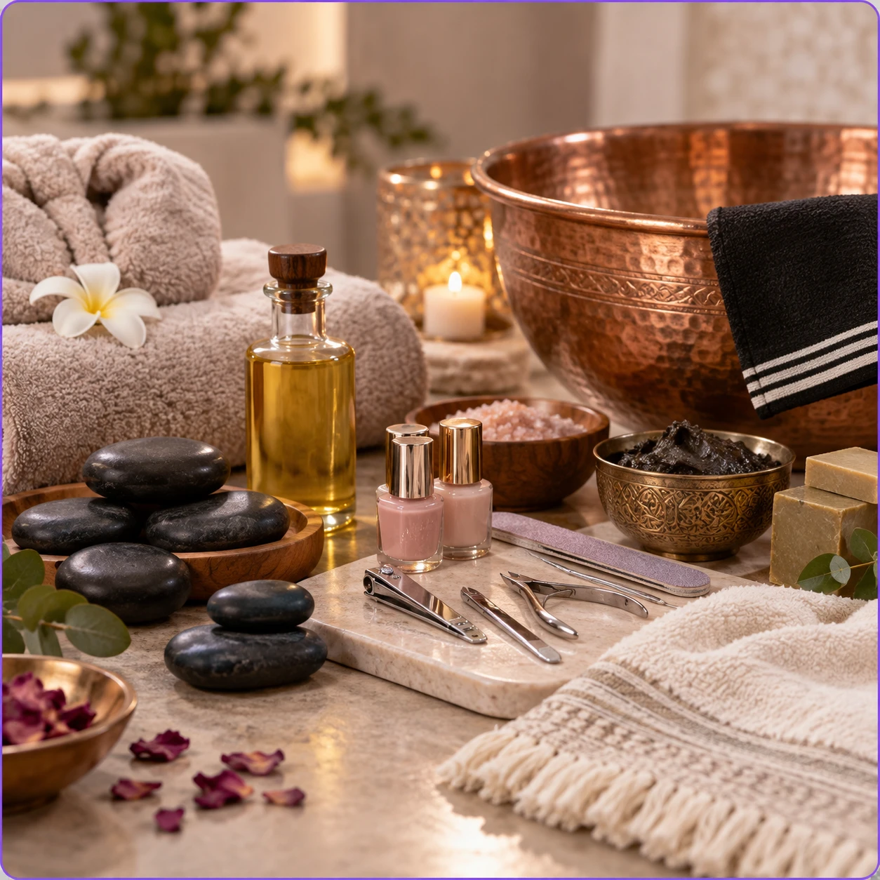 Relaxing massage, manicure and pedicure, and Moroccan bath.